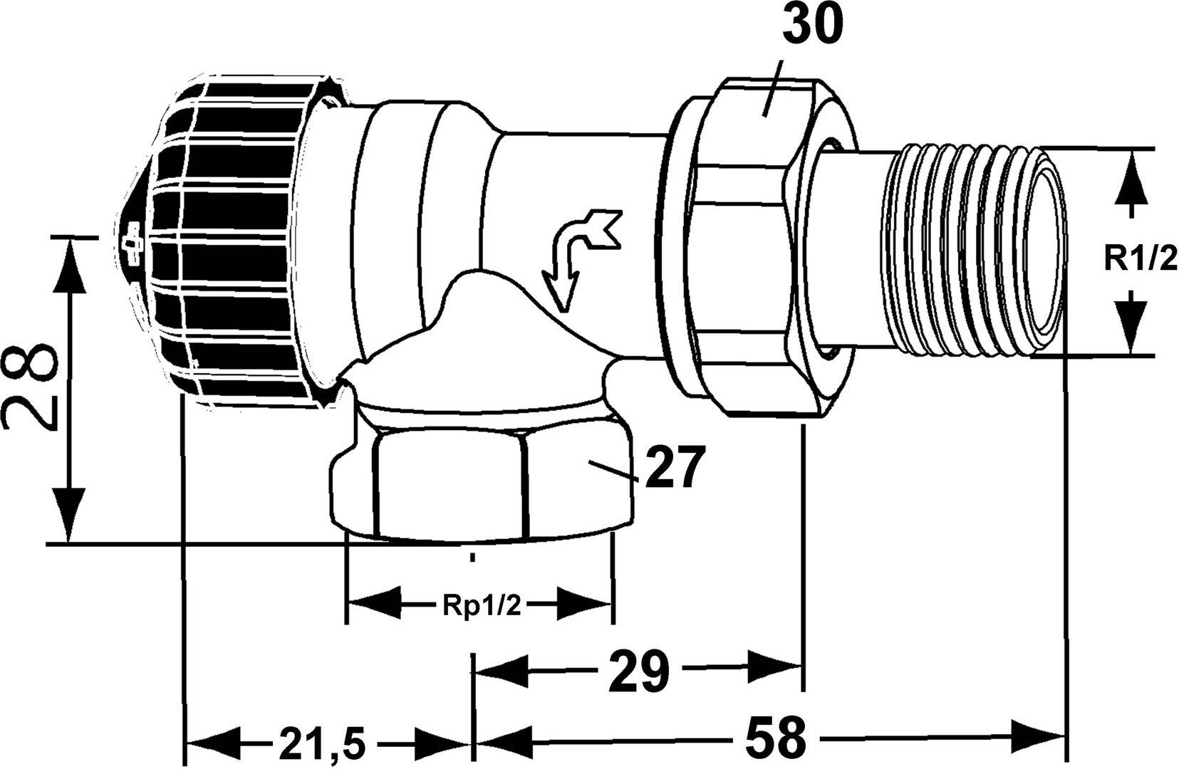 IMI Heimeier Thermostatventil-Unterteil umgek. Flussrichtung Eck/Axialform 1/2