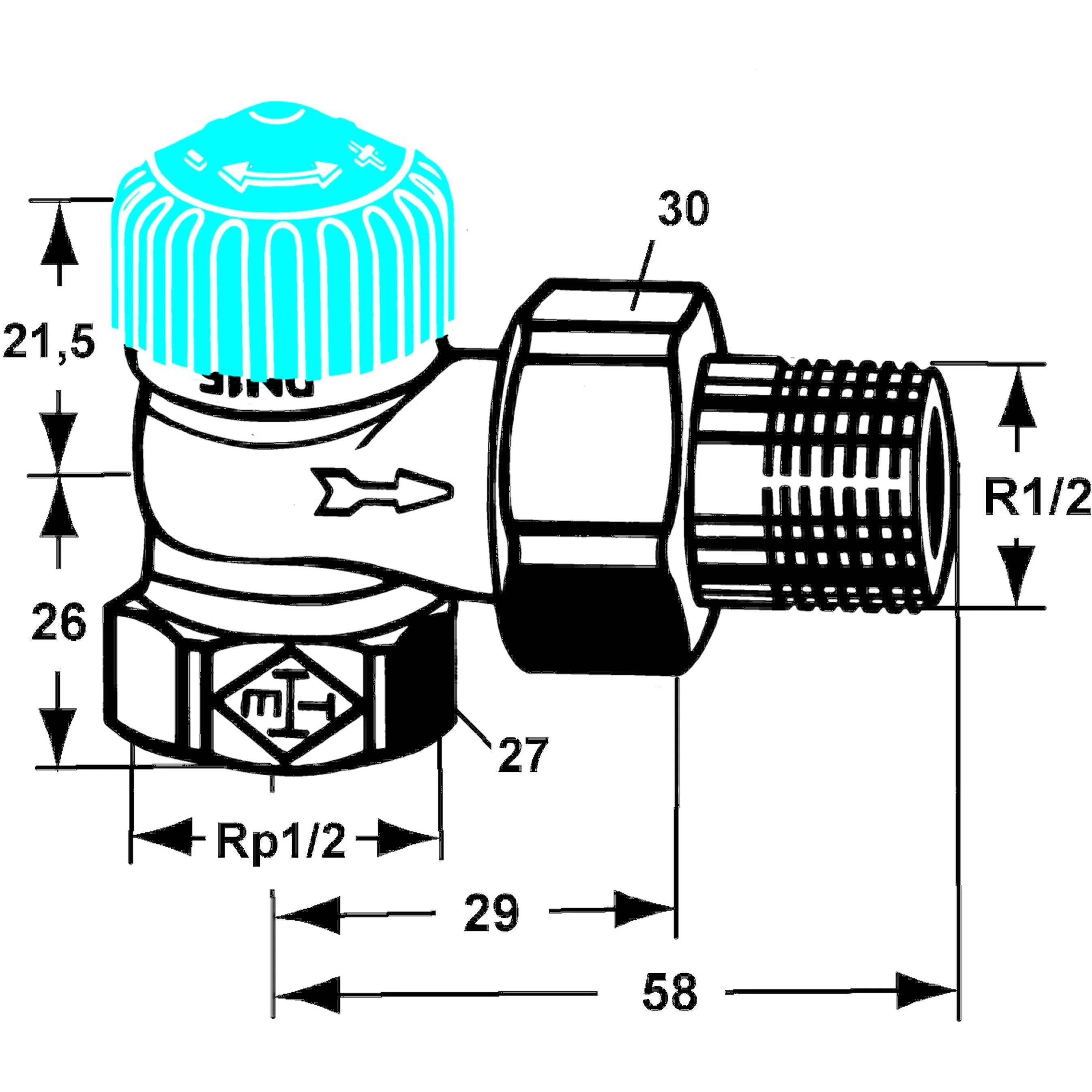 Technische Zeichnung eines Ventils/Anschlussstücks mit cyan farbener Einstellkappe, Richtungspfeil und beschrifteten Abmessungen 21,5, 26, 27, 29, 30, 58 und R1/2.