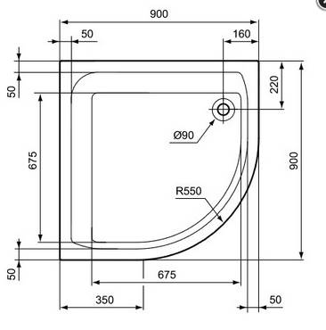 Ideal Standard Acryl Viertelkreis BRW 900x900x35mm, Radius 550mm weiß