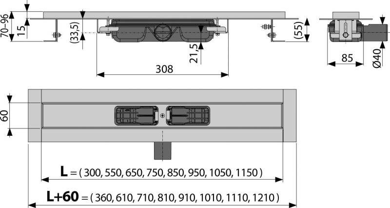 AlcaDrain Duschrinne APZ101 Duschrinne low Abfluss Waagerecht 550 mm