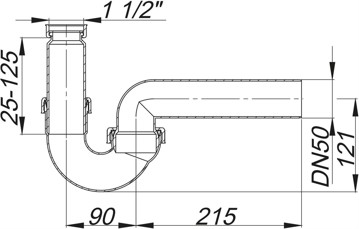 Technische Zeichnung eines Rohrverschlusses im Abwassersystem mit Abmessungen: 1 1/2