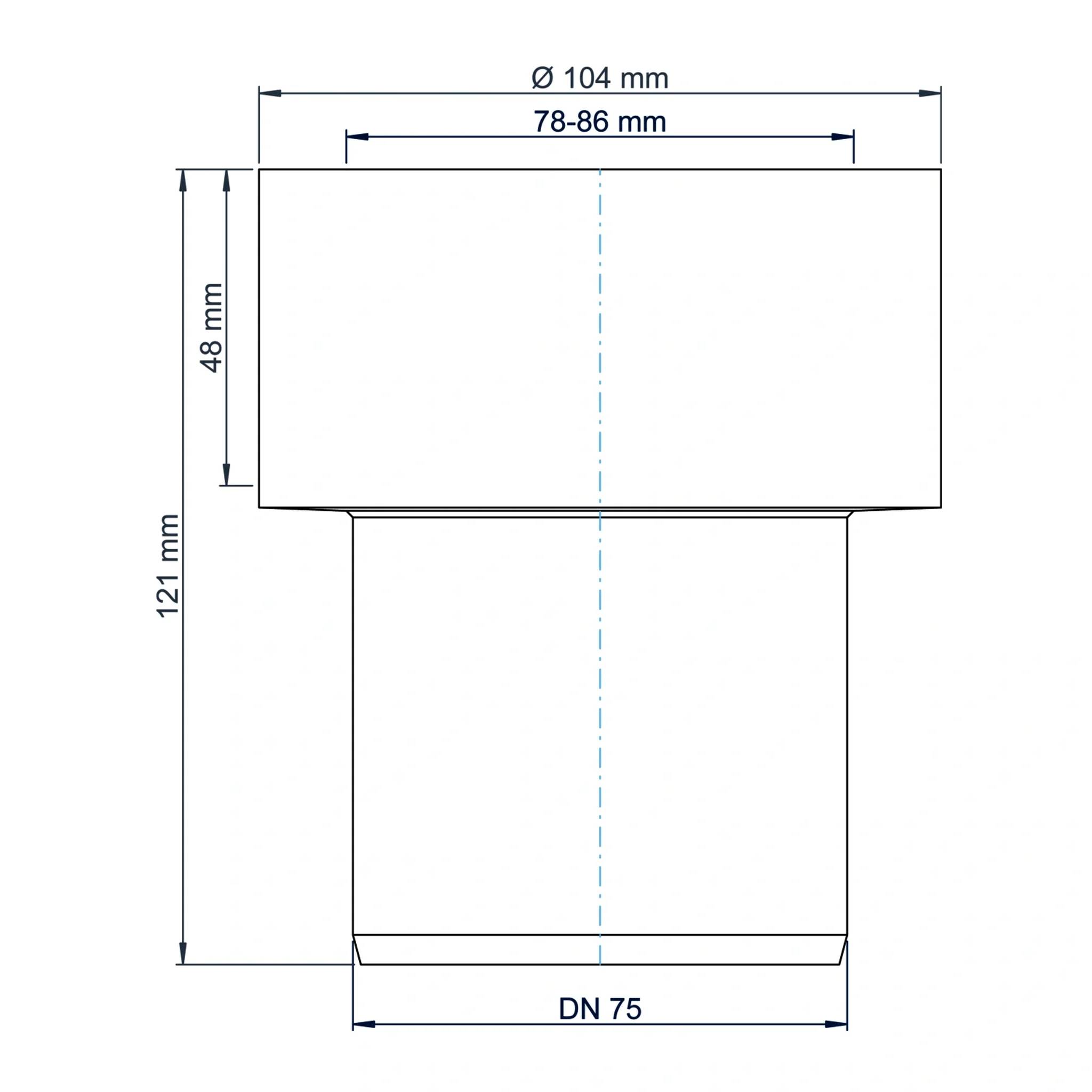 Technische Zeichnung eines zylindrischen Teils mit Abmessungen: Ø104 mm oben, 78-86 mm innere Breite, 121 mm Gesamthöhe, 48 mm oberer Bereich und DN 75 Basis.