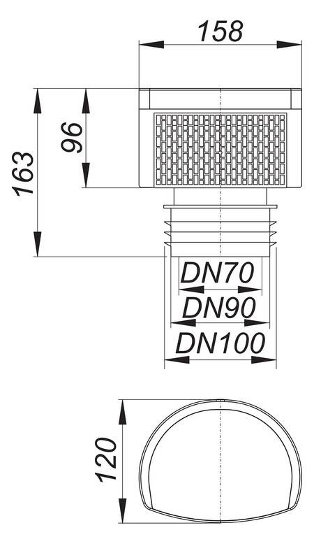 Technische Zeichnung eines kreisförmigen Geräts, 163 mm hoch. Drei Bezeichnungen: 'DN70', 'DN90', 'DN100' zeigen verschiedene Abschnitte an.