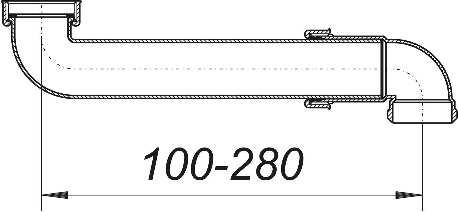 Technische Zeichnung eines gebogenen Rohrs oder Kanalabschnitts mit der Bezeichnung „100-280