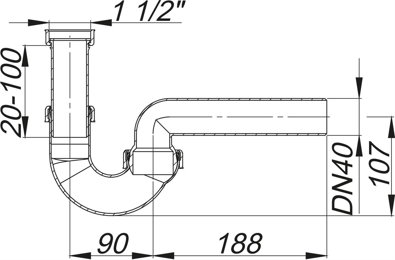 Technisches Installationsschema einer P-Siphon-Rohrarmatur mit beschrifteten Abmessungen 1 1/2, 20-100, DN40, 90, 188 und 107.