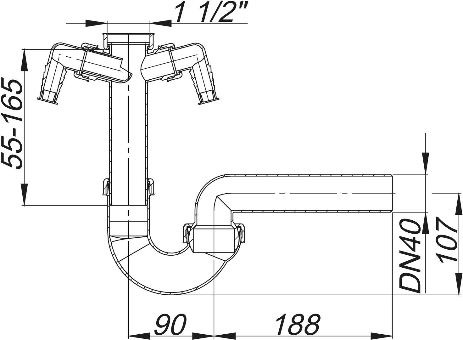 Dallmer Röhren-Siphon 100/2 m 2 Waschgeräte-Anschlüssen 11/2 xDN 40