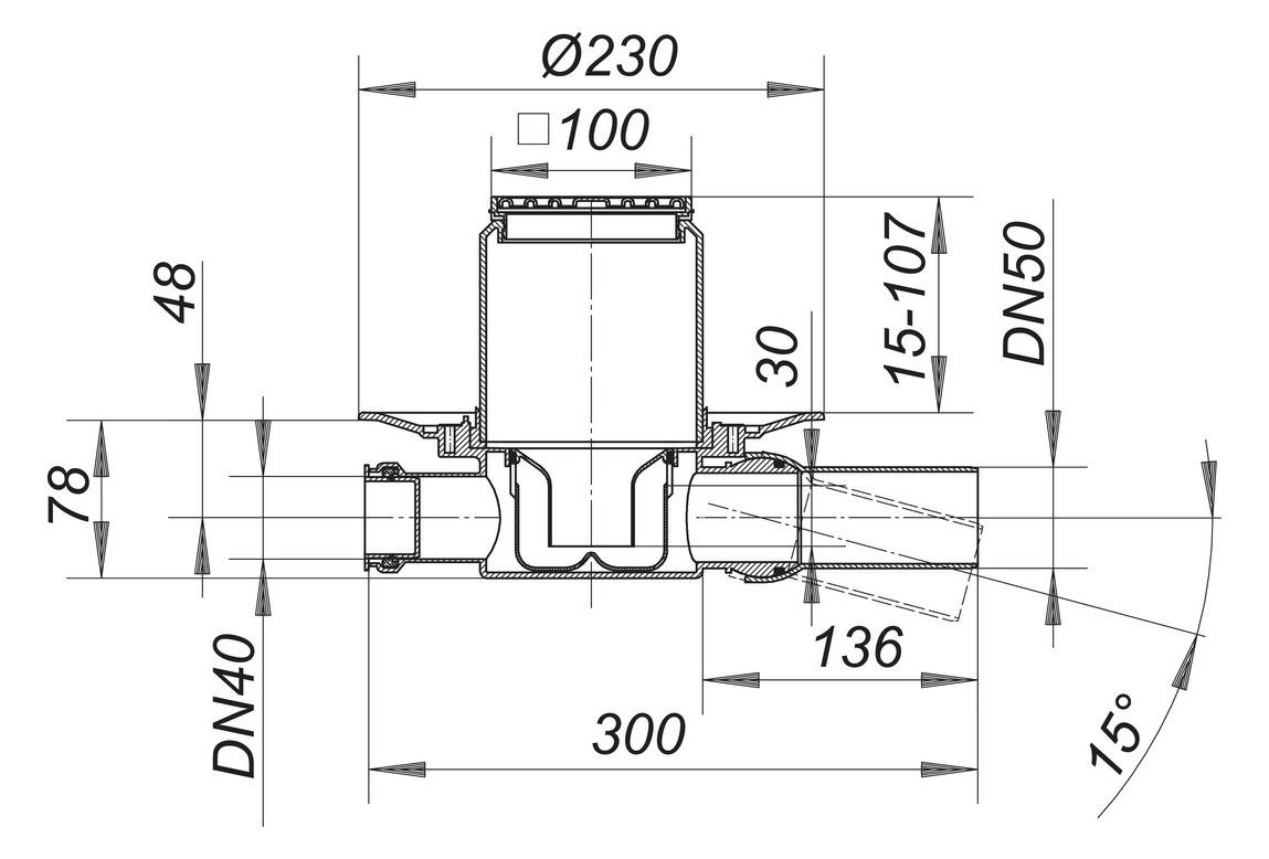 Dallmer Bodenablauf 42 SE Serie 10 DN 50, mit Zulauf DN 40 100x100mm