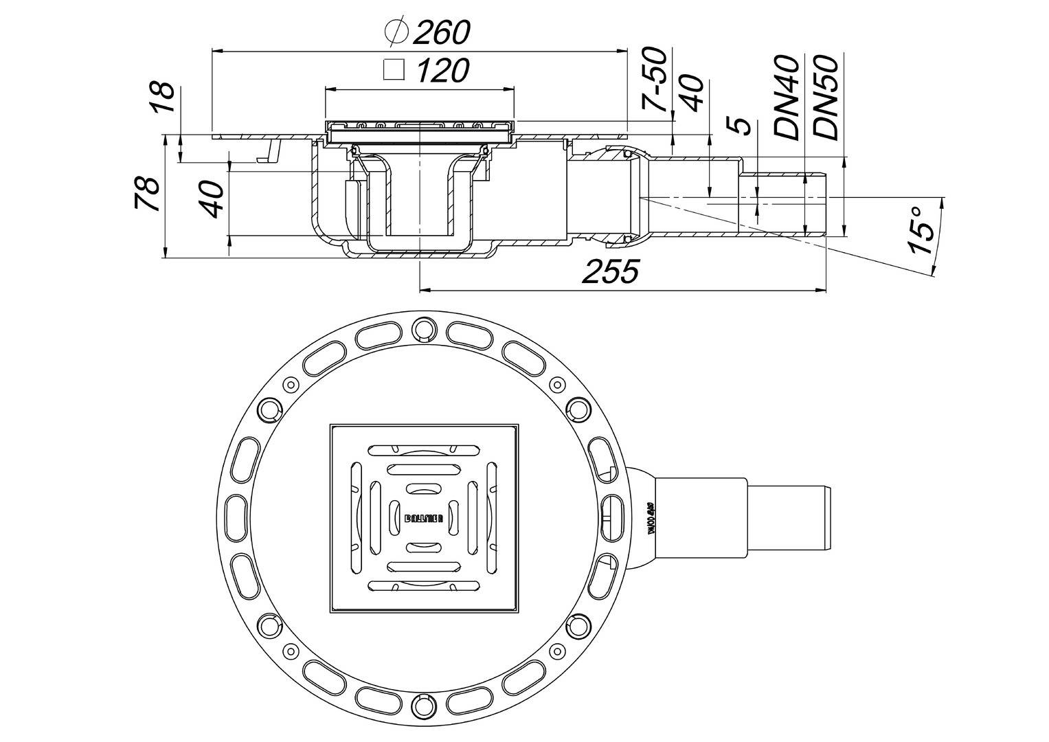 Dallmer Bodenablauf TistoPlan DN 40/50 K 12, 120x120mm