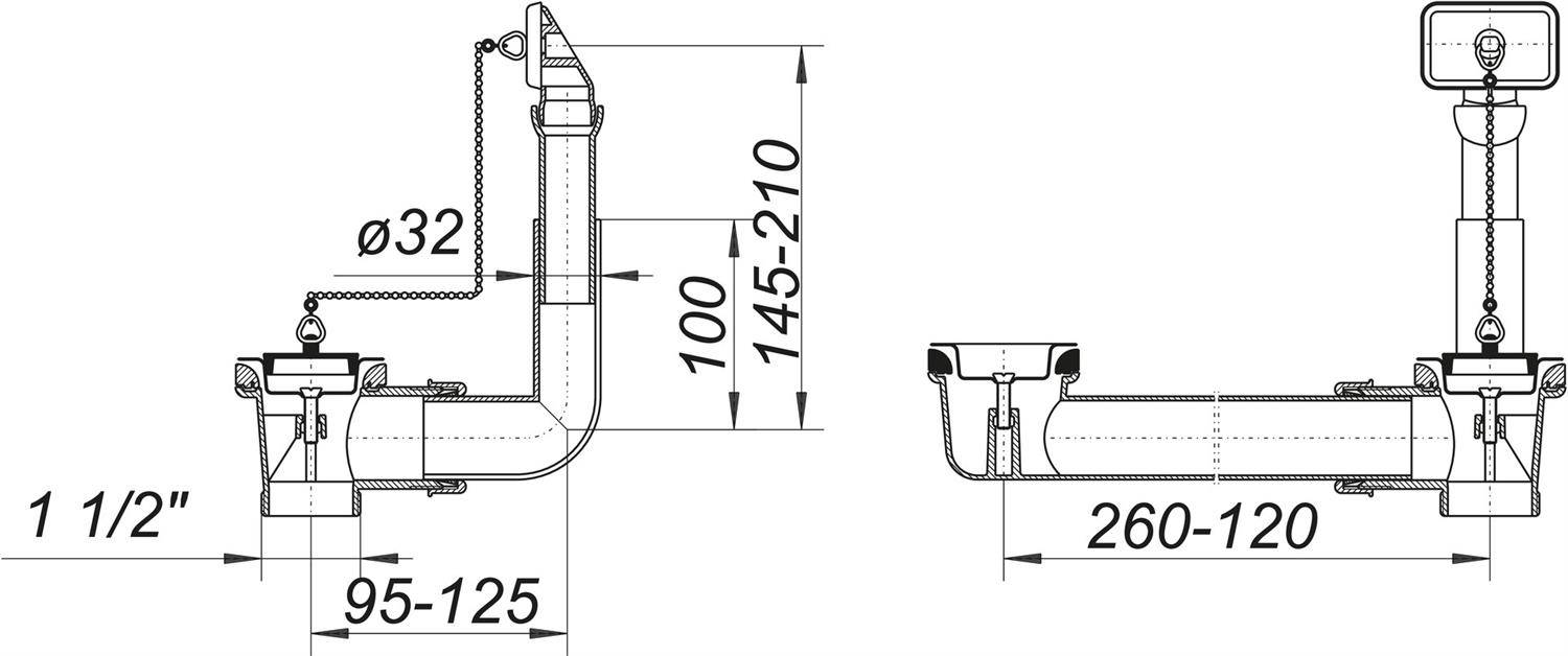 Technisches Sanitärrohr-Diagramm einer Spülenablauf-Baugruppe mit P-Siphon und vertikalem Entlüftungsrohr, mit Abmessungen in Millimetern und einer 1 1/2-Zoll-Verbindung.