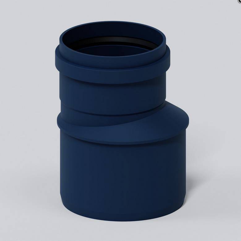 Dunkelblauer Kunststoffrohr-Adapter in einer Produktansicht auf hellem, einfachem Hintergrund.