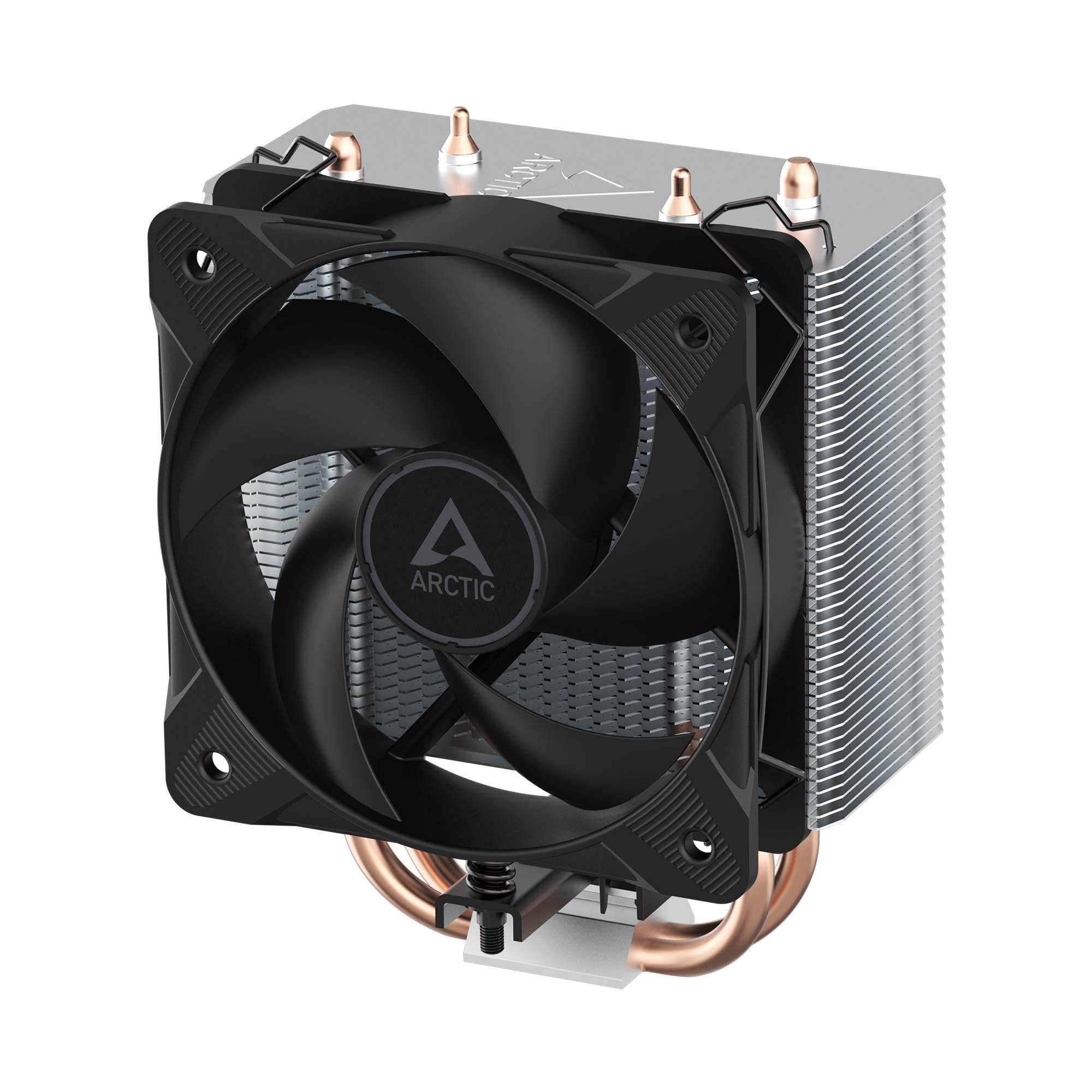 Schwarzer ARCTIC CPU-Luftkühler mit einem Lüfter, Aluminium-Lamellenstapel und Kupfer-Wärmerohrens auf schwarzem Hintergrund.