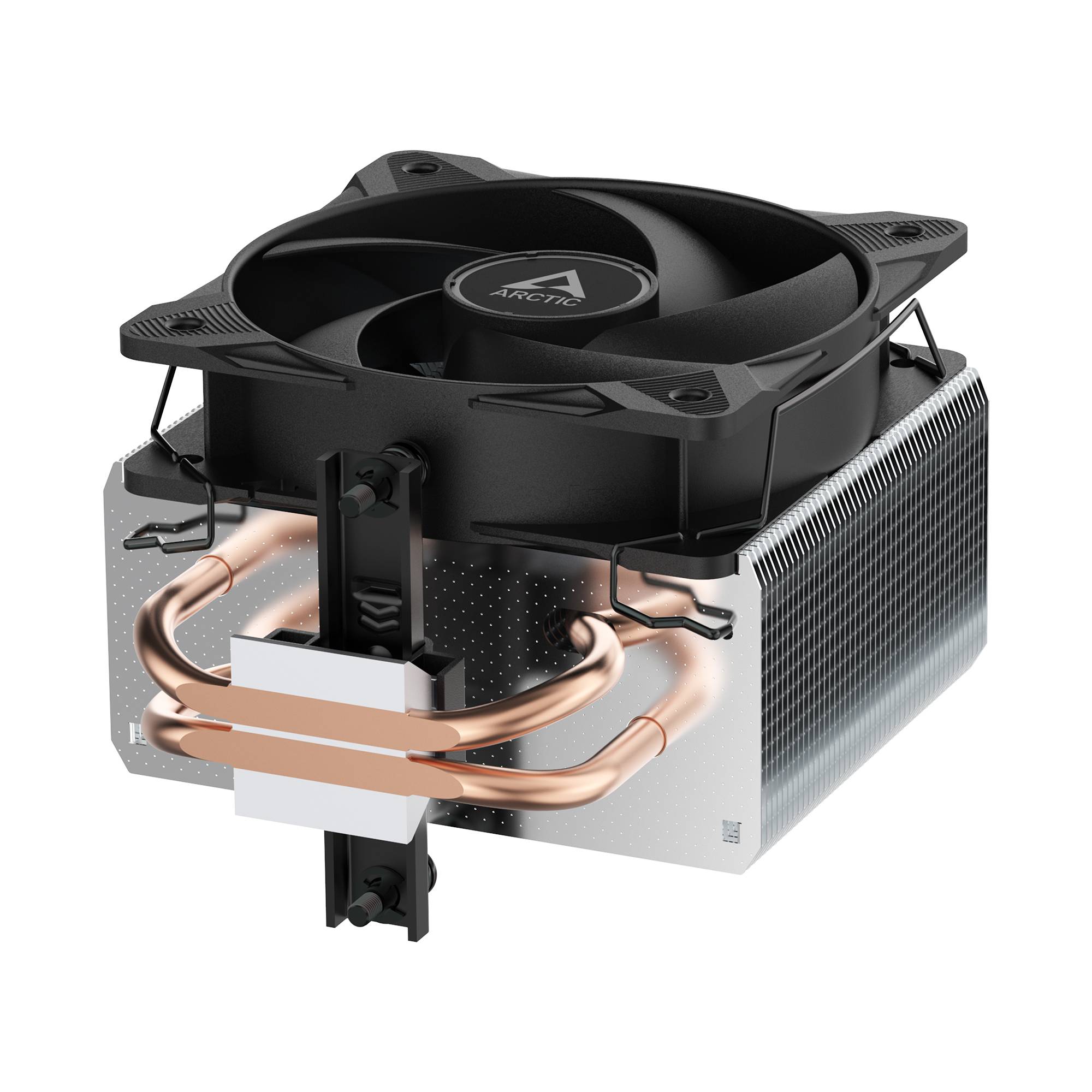 Arktischer CPU-Kühler mit schwarzem Lüfter, Kupferwärmerohen und Aluminium-Kühlkörper.