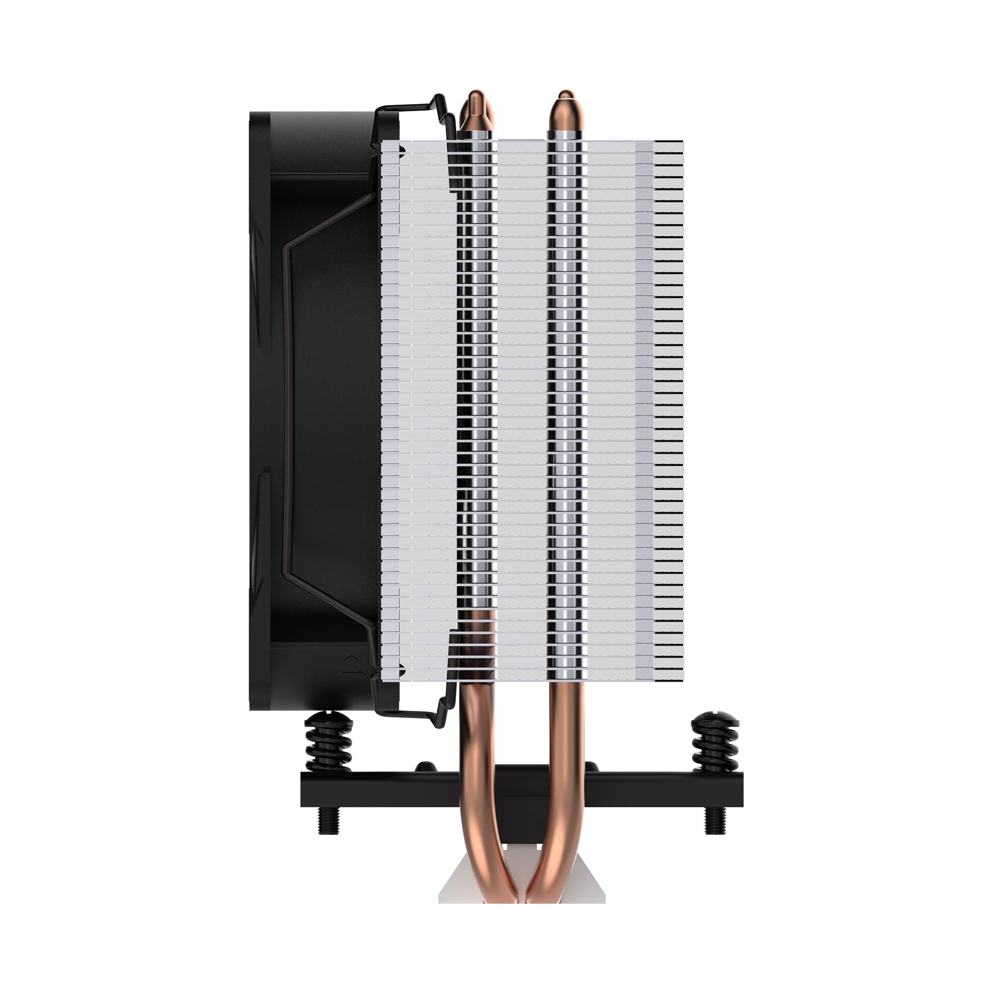 Nahaufnahme eines Computer-CPU-Kühlers mit Kühlkörper aus Aluminium-Lamellen, zwei kupfernen Wärmerohr und schwarzer Montagebasis.