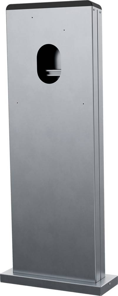 Ein hoher, schlichter, grauer Metallschrank mit einer glatten, polierten Oberfläche steht vor einem weißen Hintergrund.