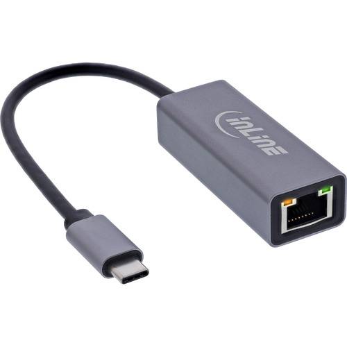 Ein grauer USB-C zu Ethernet Adapter mit einem kurzen schwarzen Kabel, der einen Ethernet-Anschluss auf der einen und einen USB-C-Stecker auf der anderen Seite aufweist.