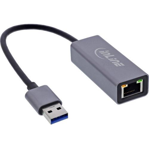 USB-zu-Ethernet-Adapter mit einem USB-3.0-Anschluss an einem Ende und einem Ethernet-Port am anderen Ende, konzipiert für Netzwerkverbindungen.