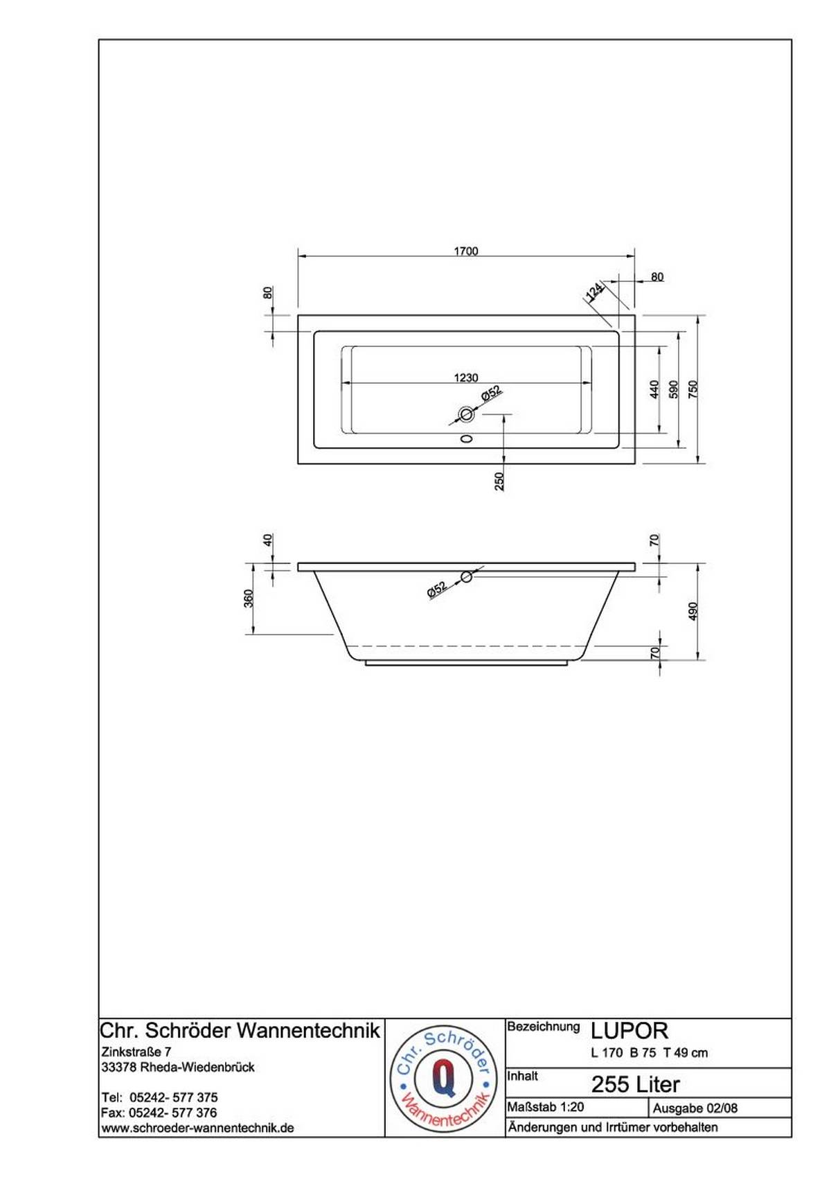 Schröder Rechteckwanne Lupor 170x75x49 cm weiß