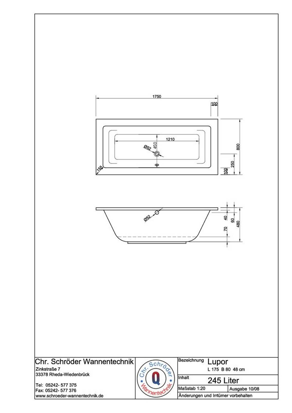 Schröder Rechteckwanne Lupor 175x80x48 cm weiß