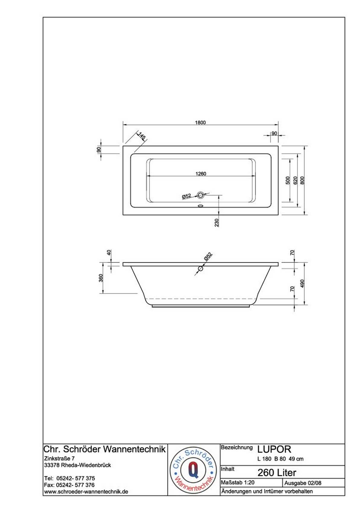 Schröder Rechteckwanne Lupor 180x80x49 cm weiß