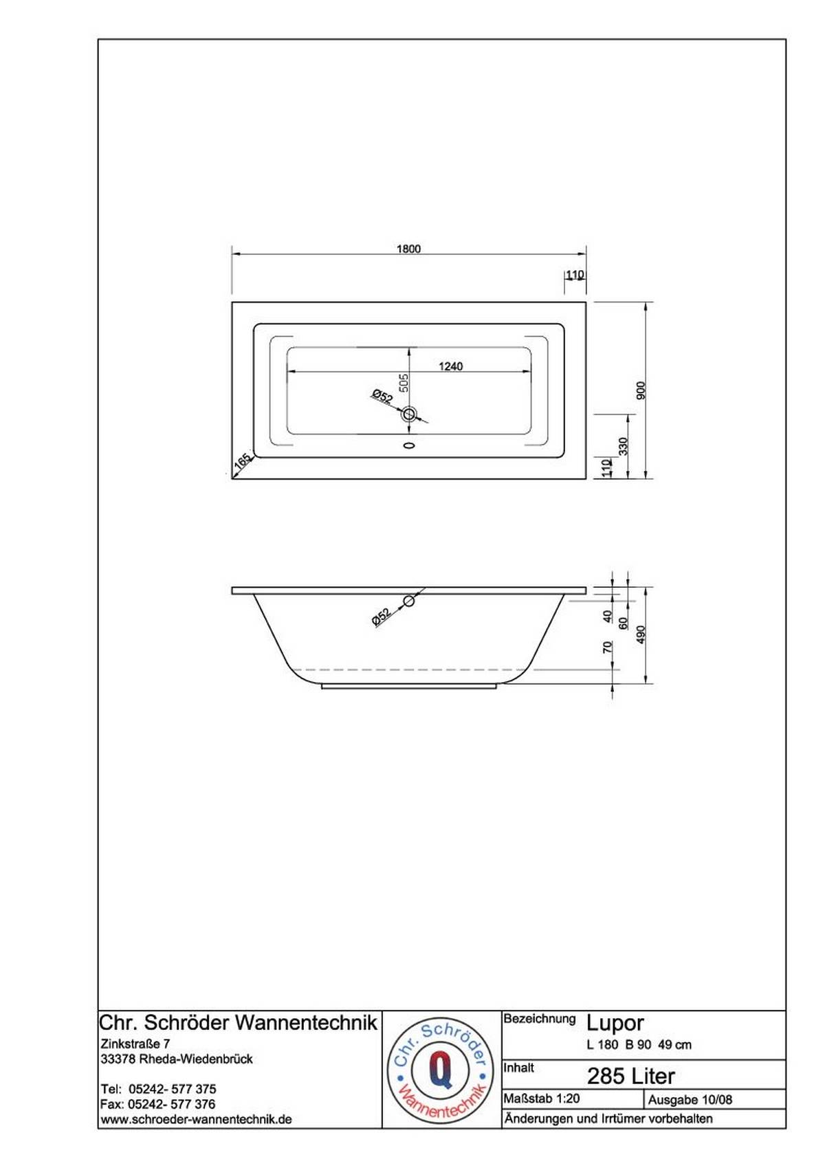 Schröder Rechteckwanne Lupor 180x90x49 cm weiß