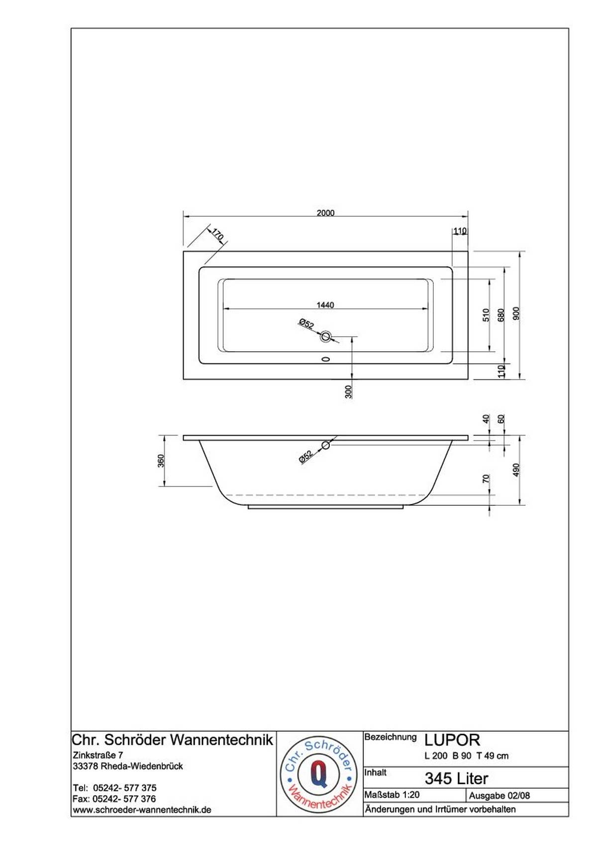 Schröder Rechteckwanne Lupor 200x90x49 cm weiß
