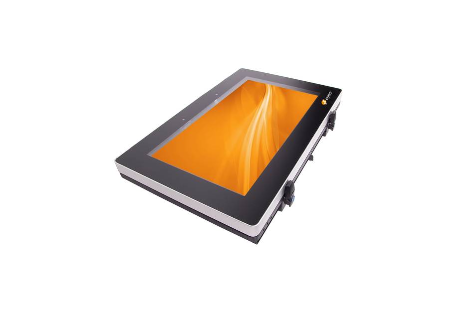 Angewinkeltes Flachbildschirm-Display oder Tischgerät mit einem leuchtend orangefarbenen Bildschirm auf weißem Hintergrund.