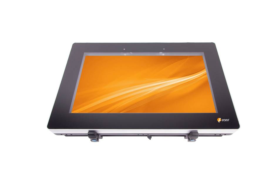 Ein robuster schwarzer Touchscreen-Panel-Computer mit orangefarbenem Display und Befestigungsklammen auf weißem Hintergrund.