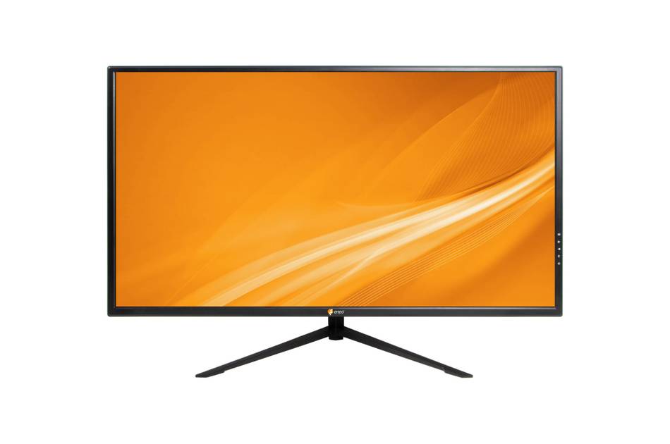 Flachbildschirm mit orangefarbenem abstraktem Wellentapete auf einem Ständer vor weißem Hintergrund.