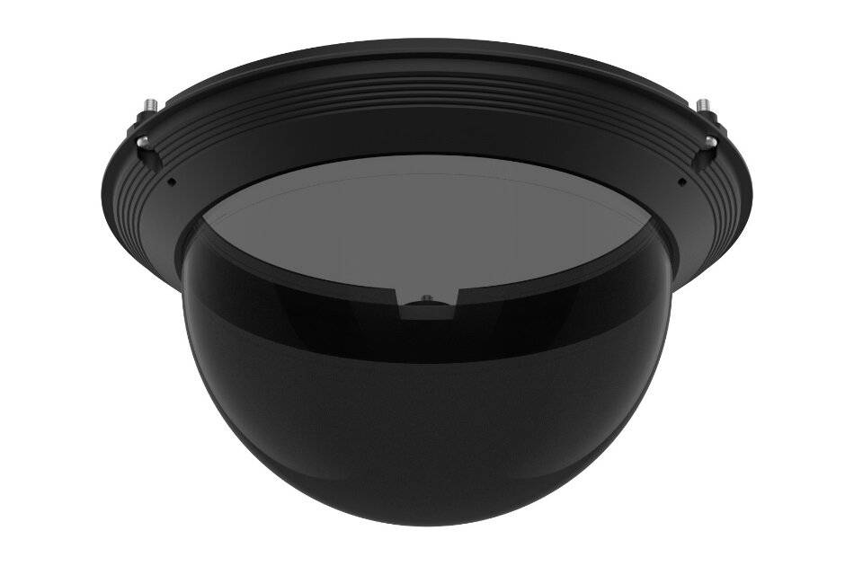 Schwarze Domenkamera mit kreisförmigem Befestigungsring, dargestellt vor weißem Hintergrund.