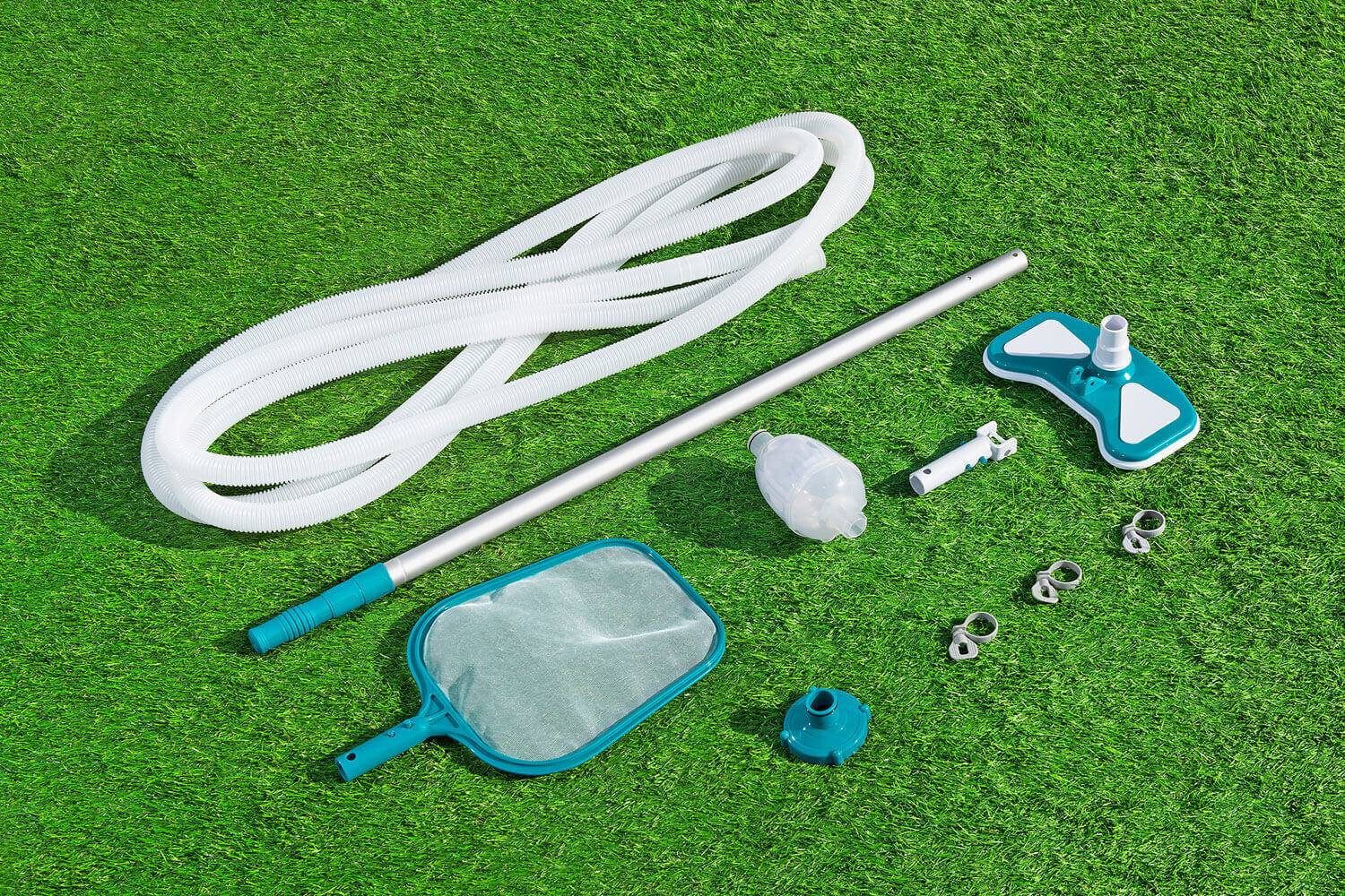 Bestway 58234 - Poolpflege Basis-Set AquaClean mit pumpenbetriebenem Poolsauger & Kescher für Poolgrößen bis 610 cm