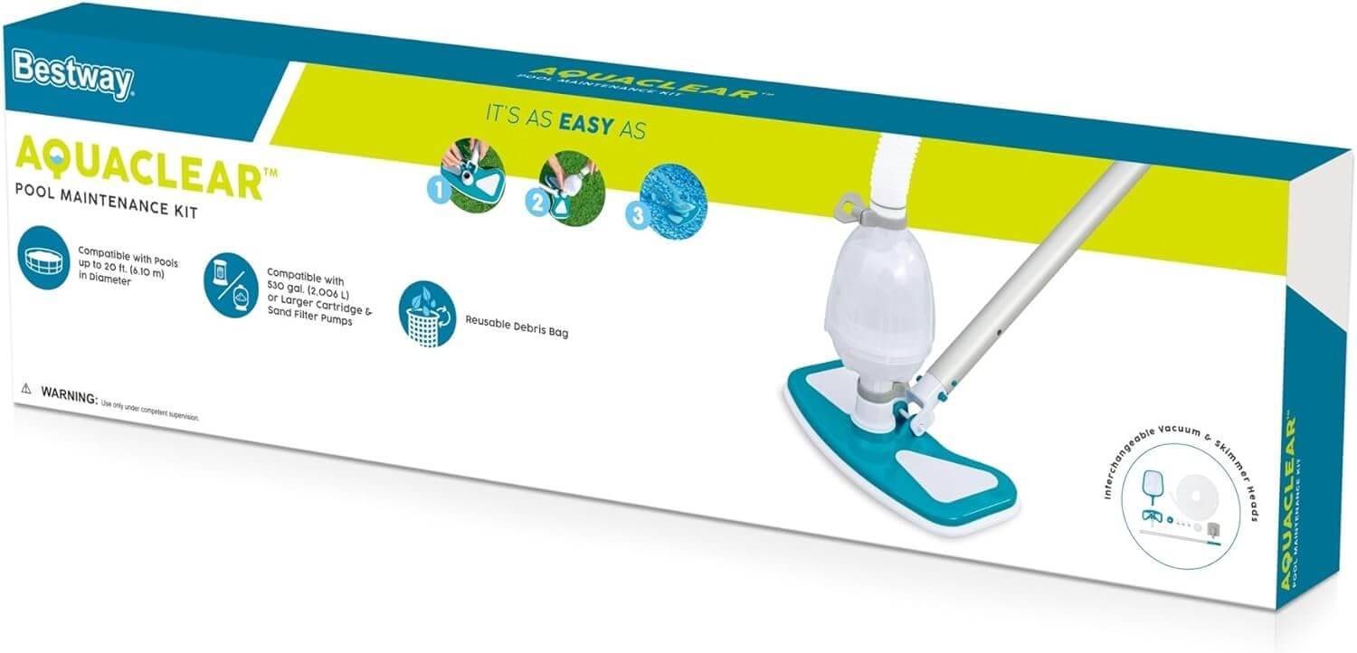 Bestway 58234 - Poolpflege Basis-Set AquaClean mit pumpenbetriebenem Poolsauger & Kescher für Poolgrößen bis 610 cm