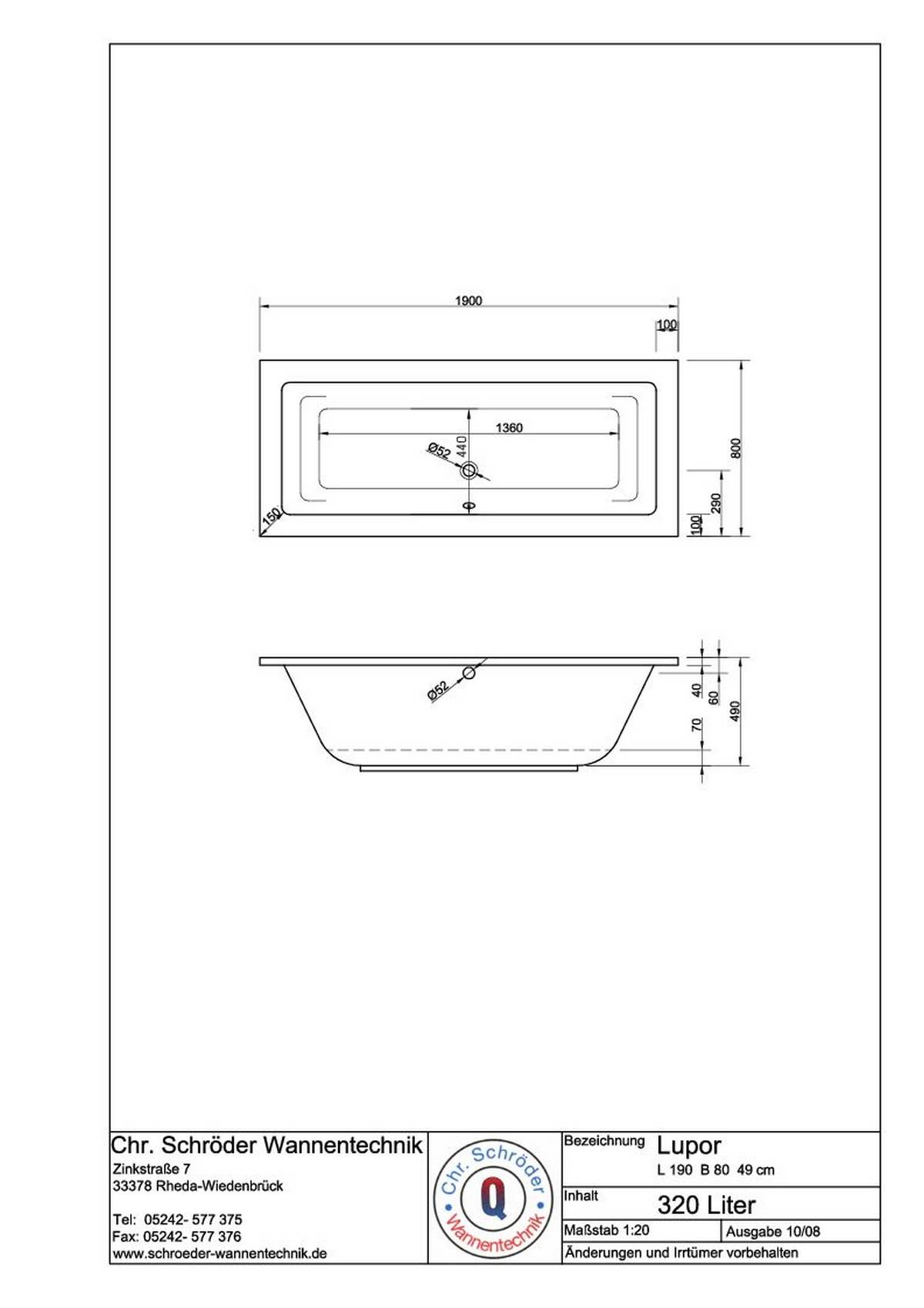 Schröder Rechteckwanne Lupor 190x80x49 cm weiß