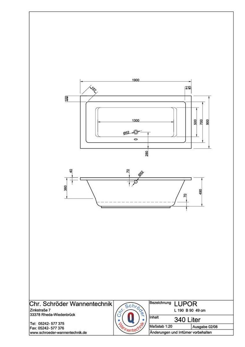 Technische Zeichnung einer rechteckigen Badewanne mit der Bezeichnung 