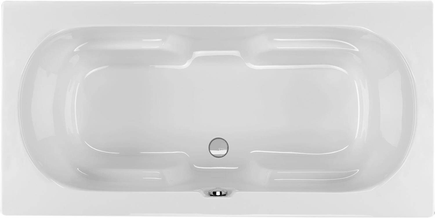 Draufsicht auf eine weiße ovale Badewanne mit integrierten Griffen und Ablauf, zentriert auf einem einfachen Hintergrund.