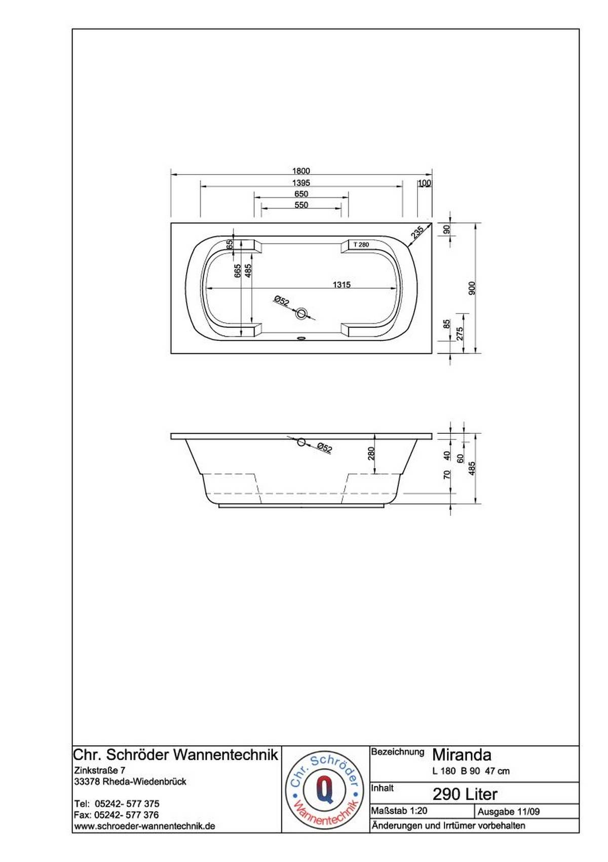 Schröder Rechteckwanne Miranda 180 x 90 x 48,5 cm weiß