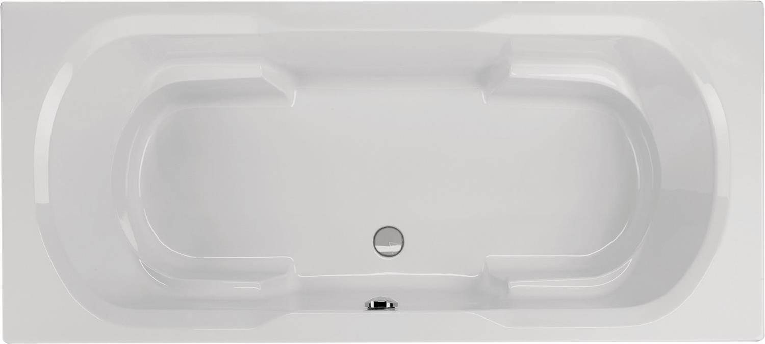 Draufsicht auf eine weiße rechteckige Badewanne mit einem eingelassenen ovalen Becken und zentralem Abfluss- und Überlauföffnung.