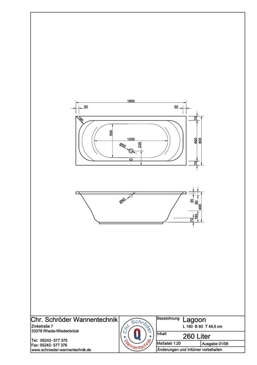 Technische Zeichnung einer rechteckigen Badewanne mit der Bezeichnung 
