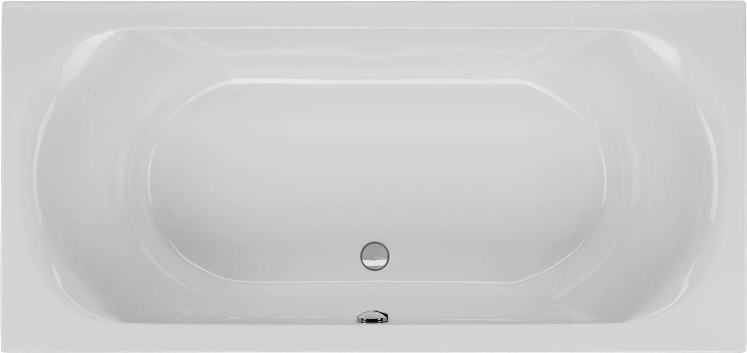 Rechteckige weiße Badewanne mit zentralem Abfluss und Überlauf, von oben dargestellt.