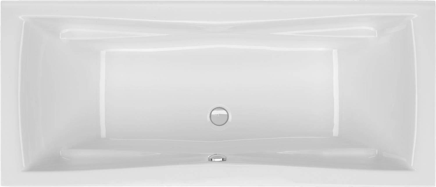 Draufsicht auf eine weiße rechteckige Badewanne mit verchromtem Ablauf und Überlauf, leer vor einem schlichten hellen Hintergrund gezeigt.