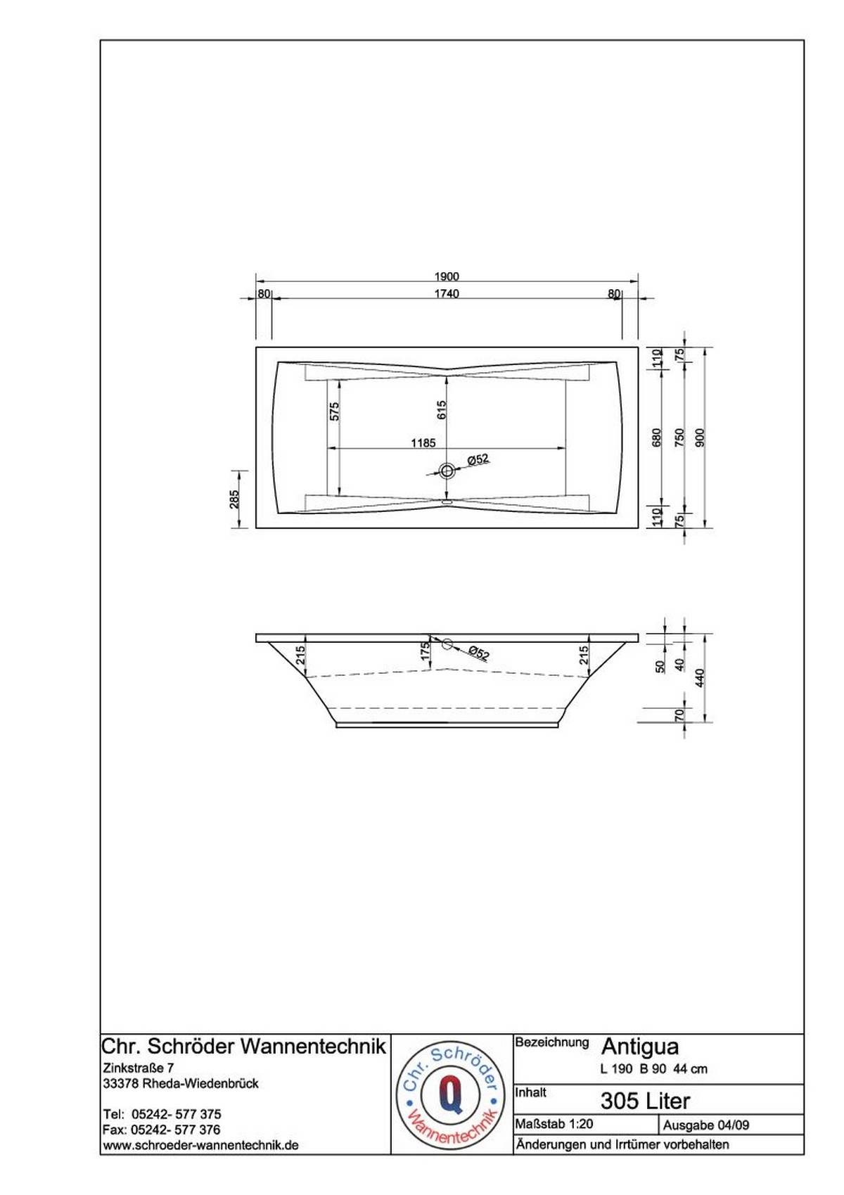 Schröder Rechteckbadewanne Antigua 190x90x44 cm weiß