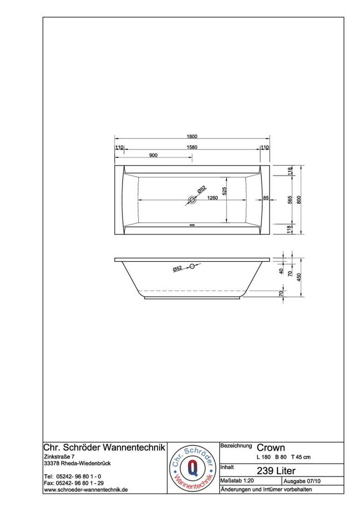 Schröder Rechteckwanne Crown 180x80x45 cm weiß