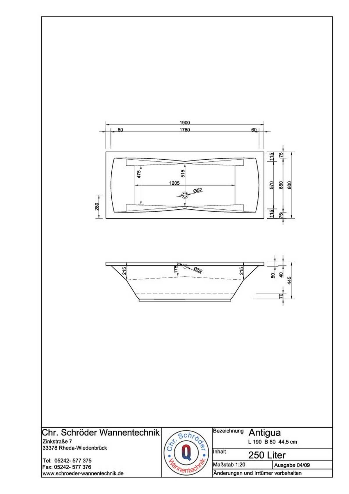 Schröder Rechteckbadewanne Antigua 190x80x44,5 cm weiß