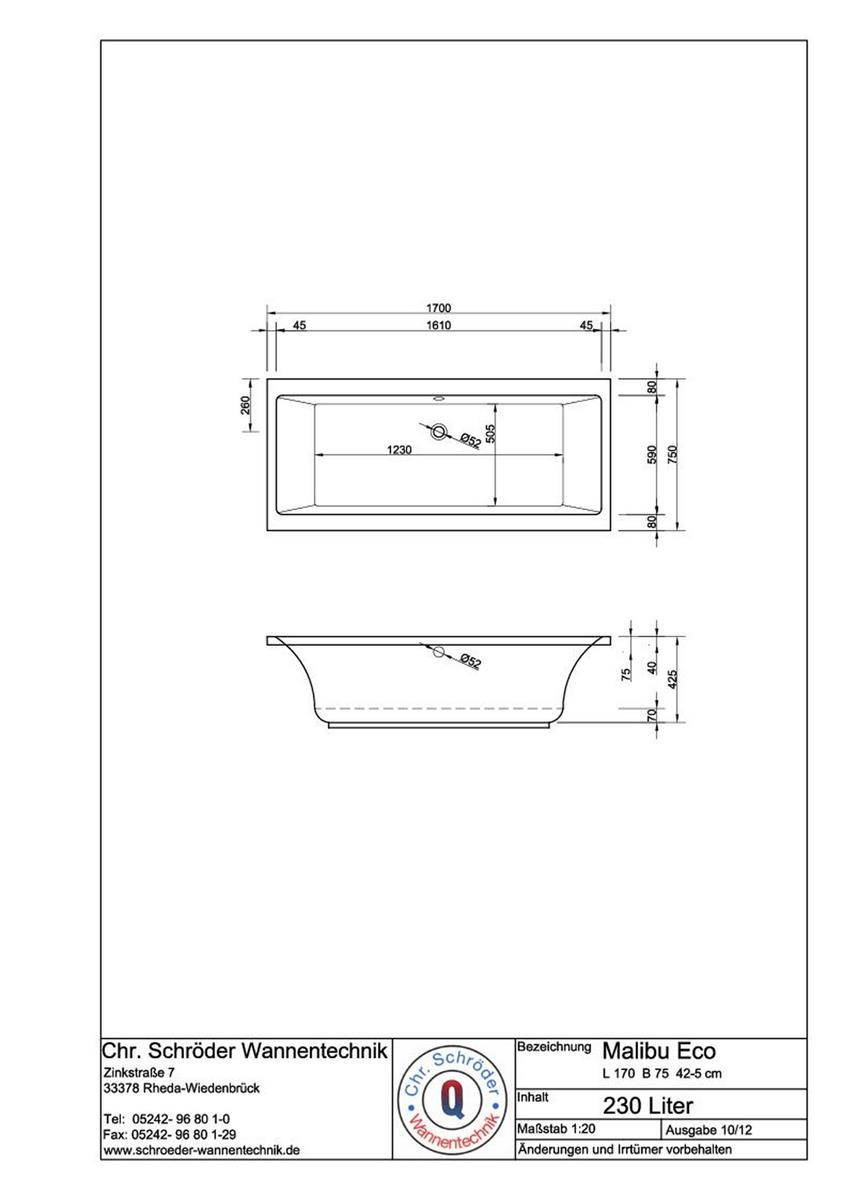 Technische Zeichnung einer rechteckigen Badewanne mit Draufsicht und Seitenansicht, Bemaßungslinien und Titelblock mit der Bezeichnung „Malu Eco