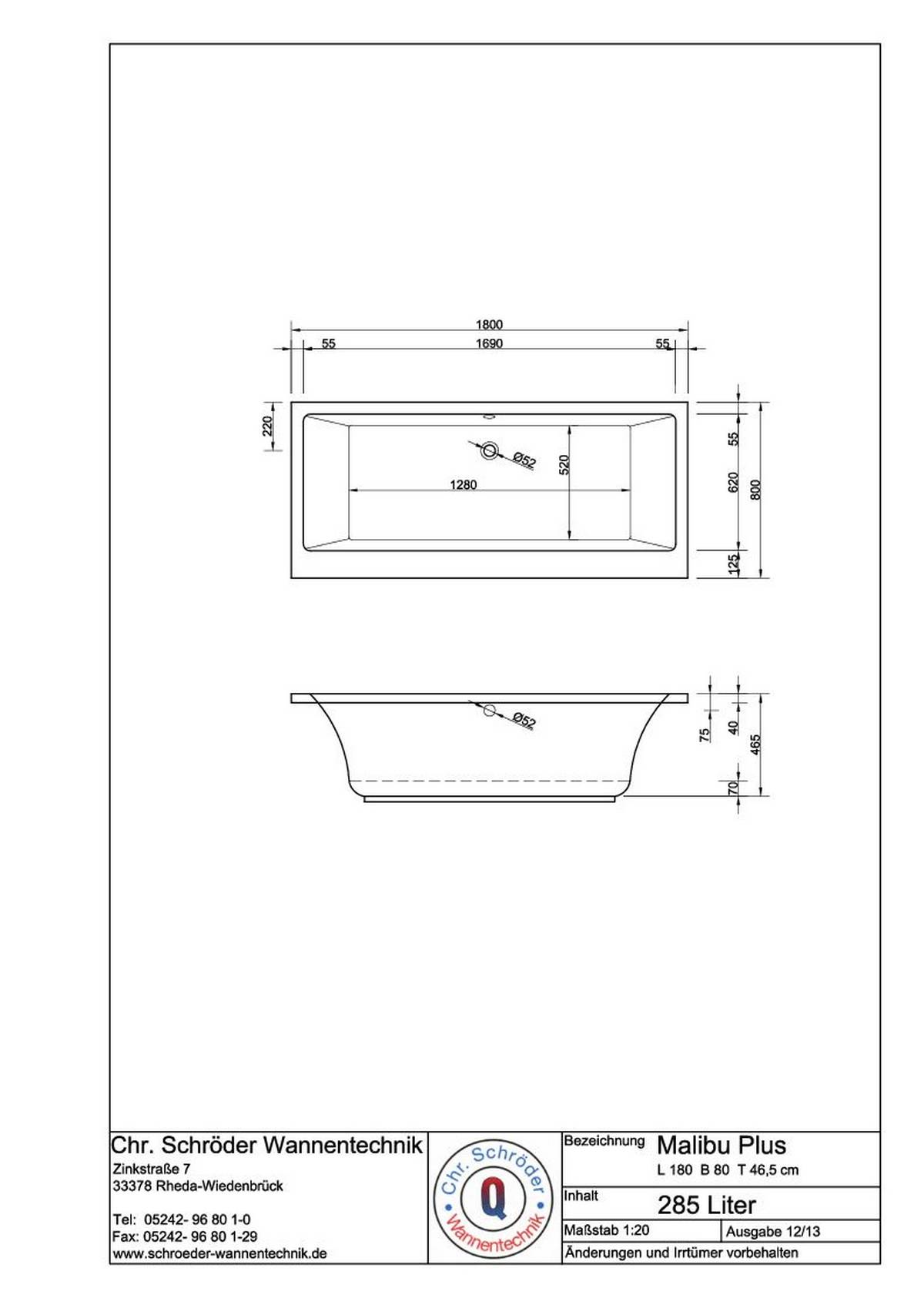 Schröder Rechteckwanne Malibu Plus 180x80x46,5 cm weiß