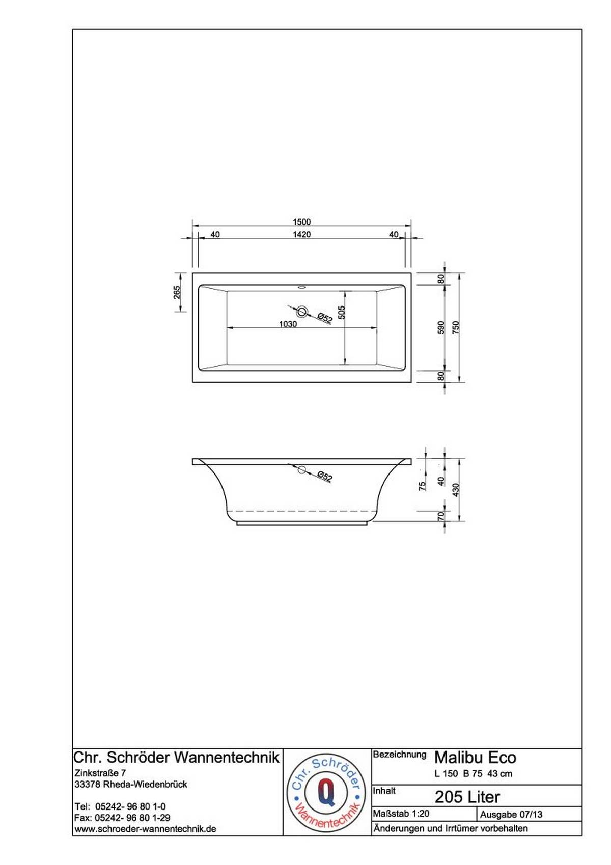 Schröder Rechteckwanne Malibu Eco 150x75x43 cm weiß