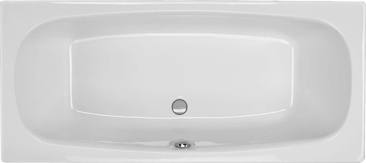 Draufsicht auf eine weiße rechteckige Badewanne mit abgerundeten Ecken und sichtbarem eingebautem Überlauf und Ablauf.
