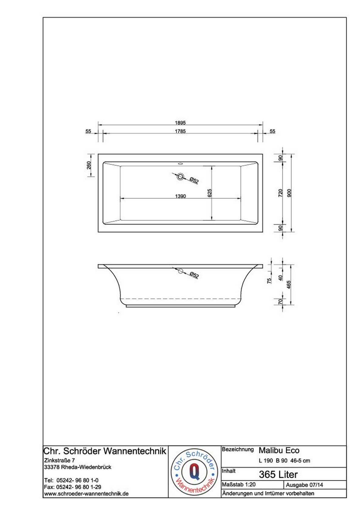 Schröder Rechteckwanne Malibu Eco 190x90x46,5 cm weiß