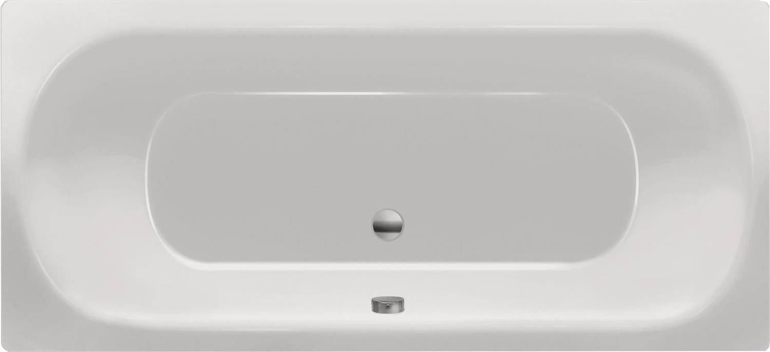 Draufsicht auf eine weiße rechteckige Badewanne mit einem ovalen inneren Becken und zwei kleinen Ablassvorrichtungen, die an den hinteren und vorderen Kanten zentriert angebracht sind