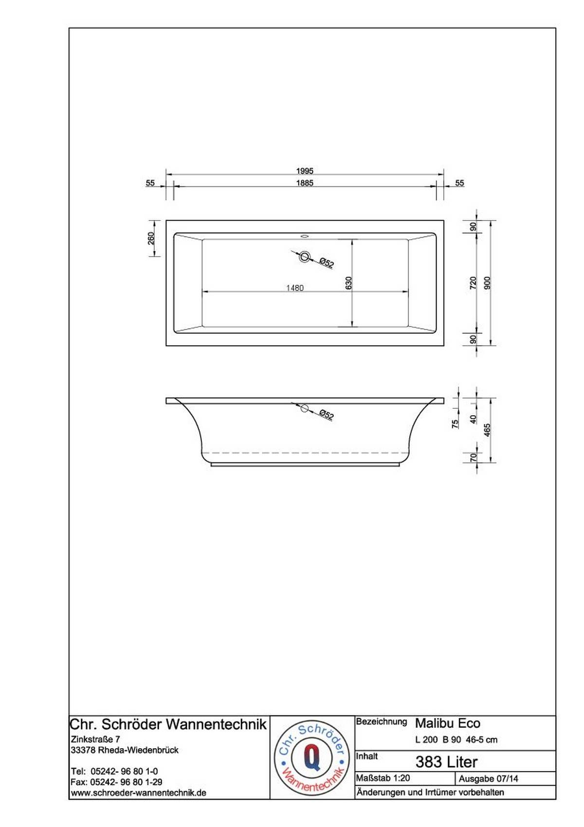 Schröder Rechteckwanne Malibu Eco 200x90x46,5 cm weiß
