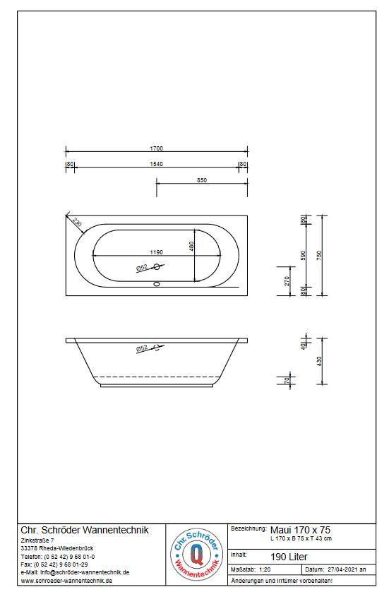 Schröder Rechteckbadewanne Maui 170x75x43 cm weiß